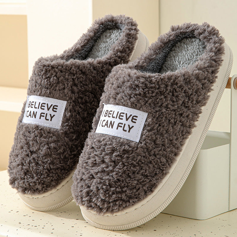 Letter Design Thick Sole Home Slippers Indoor Outside Slides Winter Warm Fluffy Slippers Non-Slip Fur Cotton Shoes Ladies Couples