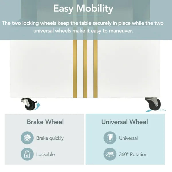 Coffee Table With Faux Marble Top, Rectangle Cocktail Table With Caster Wheels, Moderate Luxury Center Table With Gold Metal Bars For Living Room, White