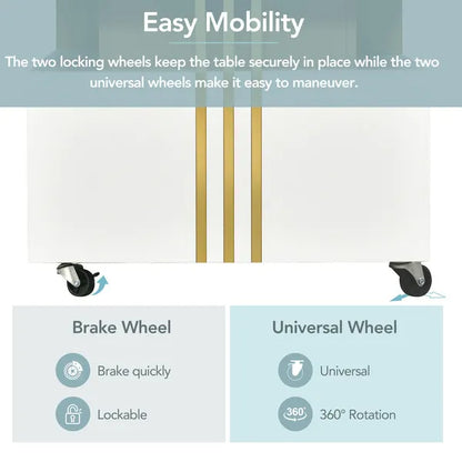 Coffee Table With Faux Marble Top, Rectangle Cocktail Table With Caster Wheels, Moderate Luxury Center Table With Gold Metal Bars For Living Room, White