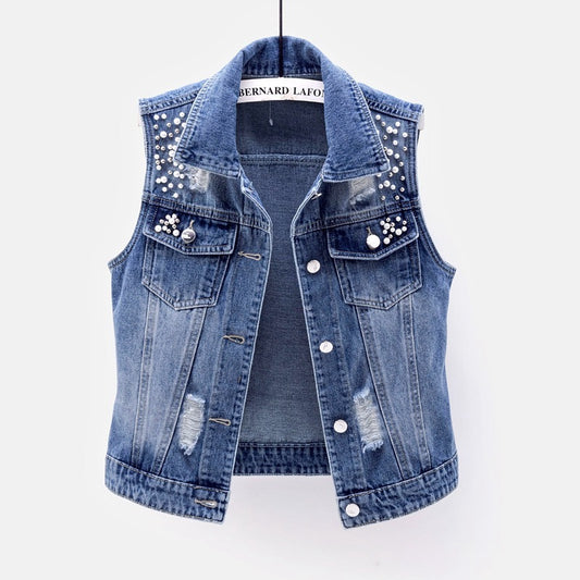 Gilet en jean pour femme, trou court, perles, sans manches