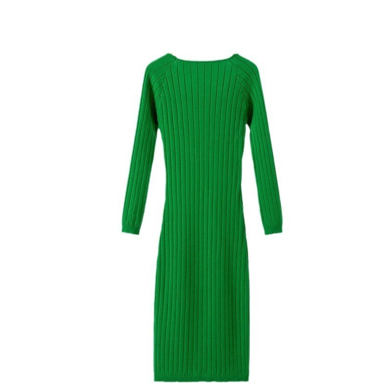 European And American Autumn And Winter Long Sleeve Crew Neck Split Knitted Long Dress