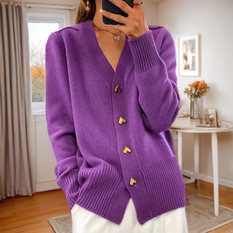 V-neck Knitted Sweater With Love Button Fashion Solid Long-sleeved Cardigan Spring And Autumn Women's Clothing
