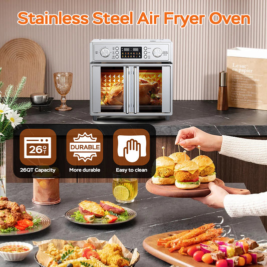 29.5QT French Door Air Fryer Toaster Oven Combo, 14 Presets, Digital Control, Stainless Steel, For Baking, Roasting, Includes Accessories,Silver