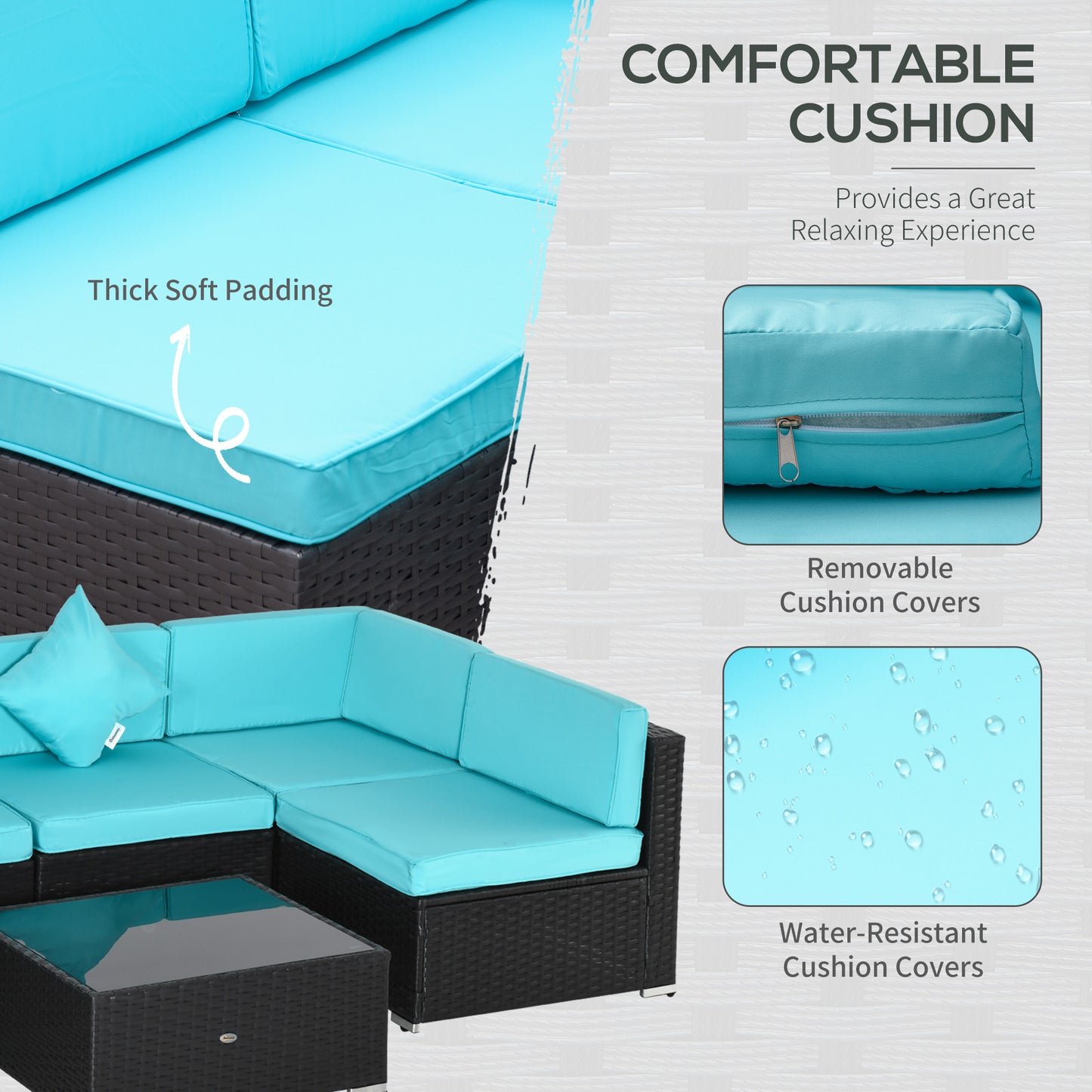 7-Piece Wicker Patio Conversation Set With Cushions & Glass Table, Turquoise