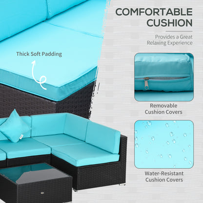 7-Piece Wicker Patio Conversation Set With Cushions & Glass Table, Turquoise