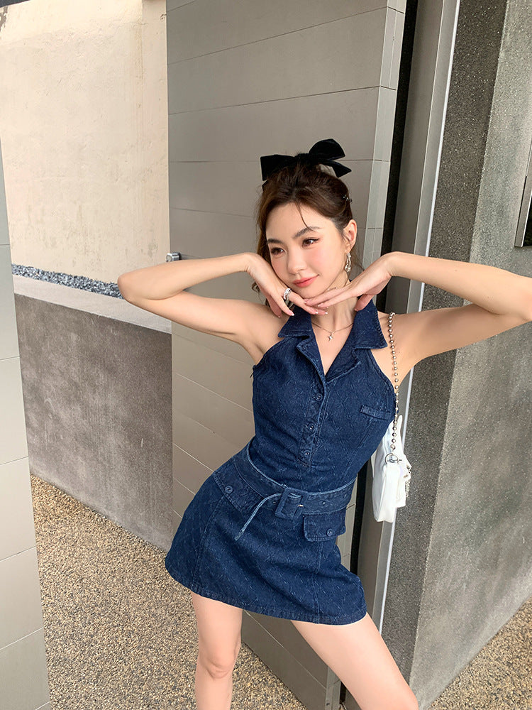 Sexy Cold-shoulder Sleeveless Sheath Denim Dress