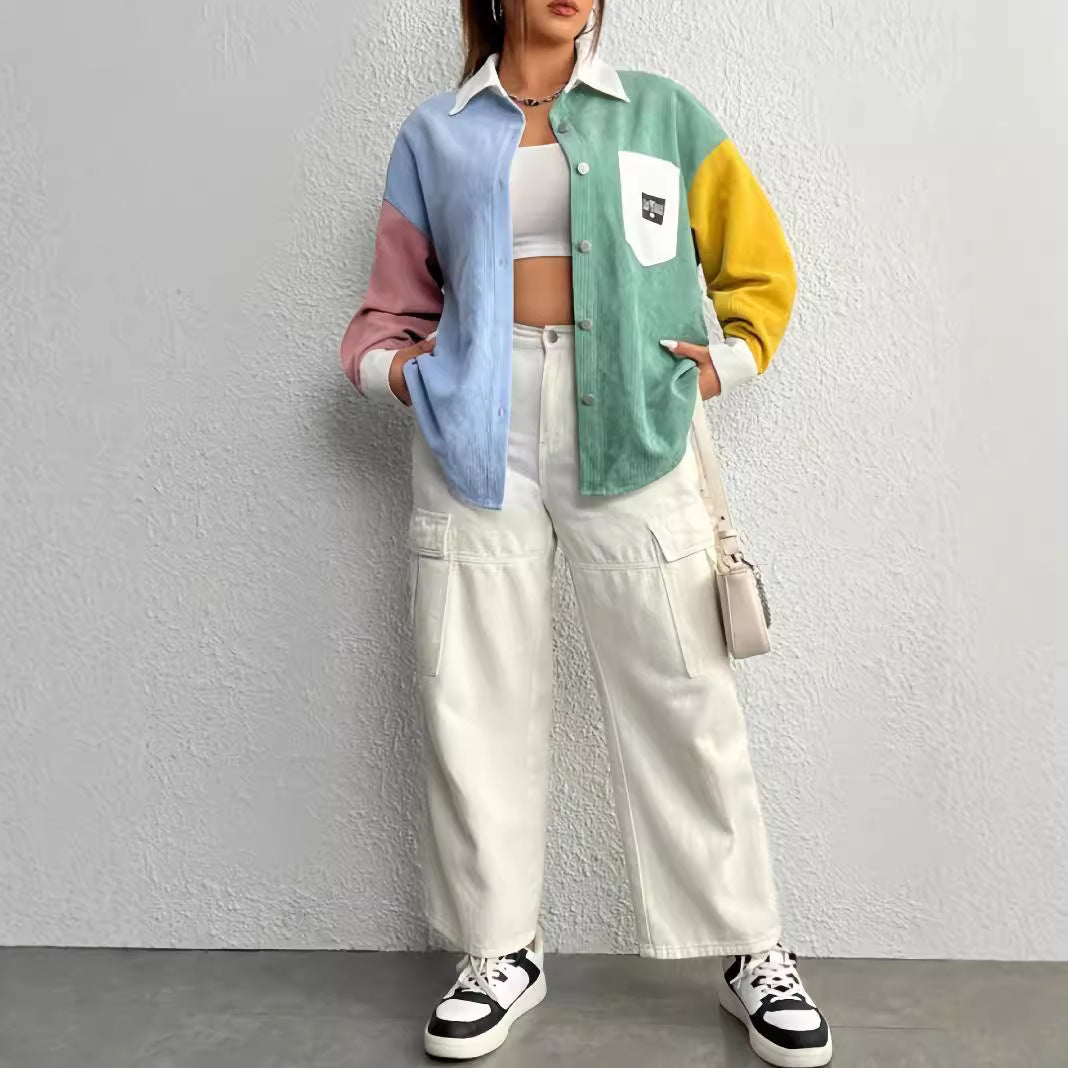 Corduroy Color Contrast Patchwork Loose Thin Versatile Casual Coat Cardigan Shirt