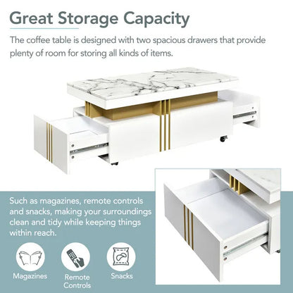 Coffee Table With Faux Marble Top, Rectangle Cocktail Table With Caster Wheels, Moderate Luxury Center Table With Gold Metal Bars For Living Room, White