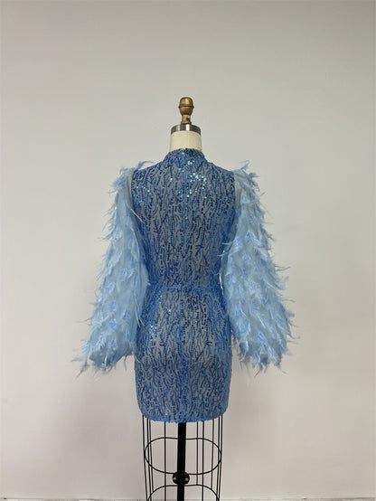 Hollow Gorgeous Feather Sleeve Blue Sequins Dress Light Luxury