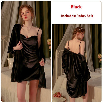 Velvet Backless Charming Slit Nightdress Women's Homewear Suit