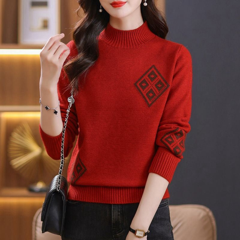 Winter Mock Neck Sweater Women's Western Style Top Plaid Colorblock Knitted