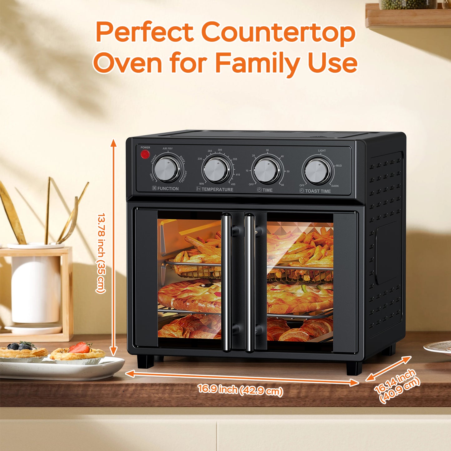 29.5 QT Air Fryer Convection Toaster Oven, French Door, 6 Slices, 1700W, Multifunction Oven, Air Fryer, Toast, Grill, Defrost, Bake, Time And Temperature Controls, Black