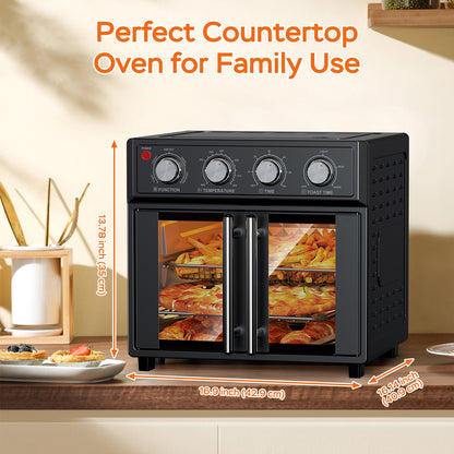29.5 QT Air Fryer Convection Toaster Oven, French Door, 6 Slices, 1700W, Multifunction Oven, Air Fryer, Toast, Grill, Defrost, Bake, Time And Temperature Controls, Black