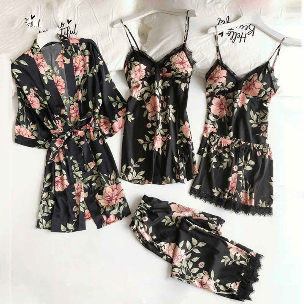 Pajamas Printed Women's Imitation Sling Sleeping Loose Comfortable Lace Five-piece Set