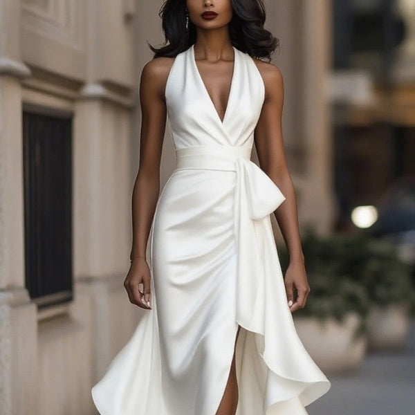 Elegant V-neck Irregular Women's Ruffled Dress
