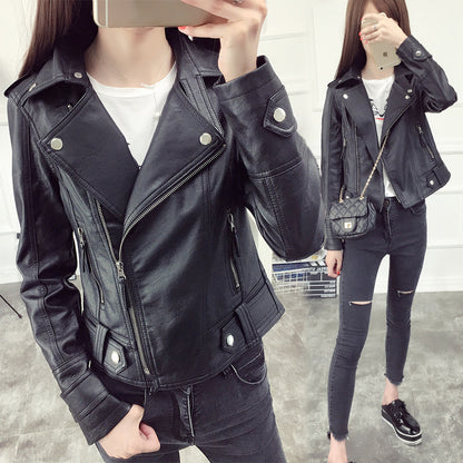 2023 Spring and Autumn Haining New Slim Lapel Leather Jacket Women's Short Coat Women's Pu Jacket Motorcycle Suit Women's Clothing