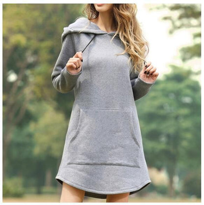 Solid color pocket long sleeve hoodie dress