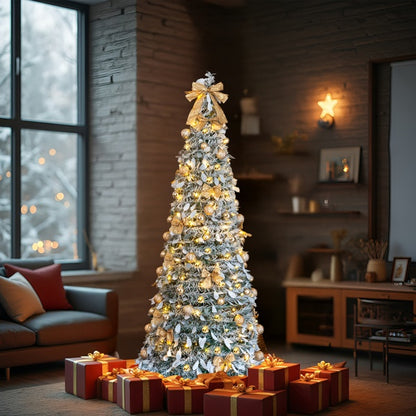 6 FT Snow Flocked Pre-lit Artificial Pop Up Christmas Tree With 100 Warm Lights And Golden Ornaments For Home Office Store Holiday Deco, Snowy Green