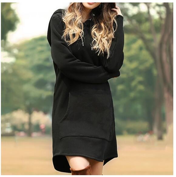 Solid color pocket long sleeve hoodie dress