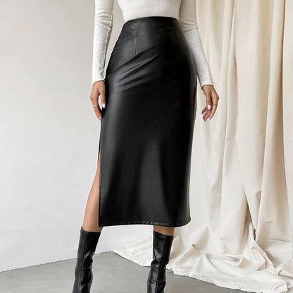 Commuter French Sheath PU Leather Skirt Autumn And Winter Black Slit Straight Skirt