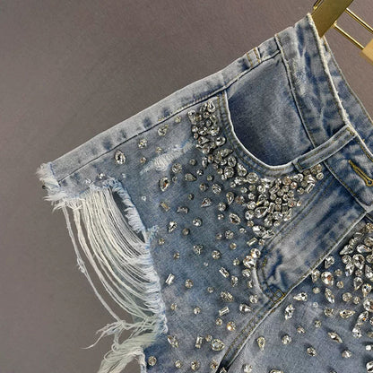 Short en jean à jambe large avec trous tendance pour femme