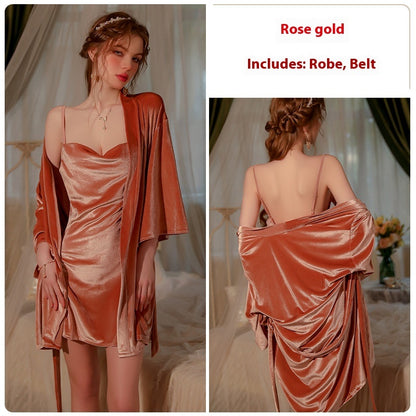 Velvet Backless Charming Slit Nightdress Women's Homewear Suit