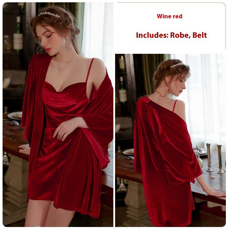 Velvet Backless Charming Slit Nightdress Women's Homewear Suit