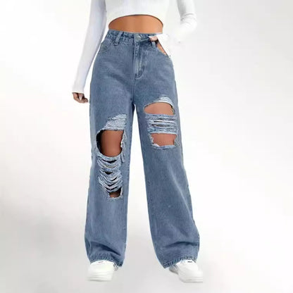 European And American Fashion Ripped High Waist Jeans