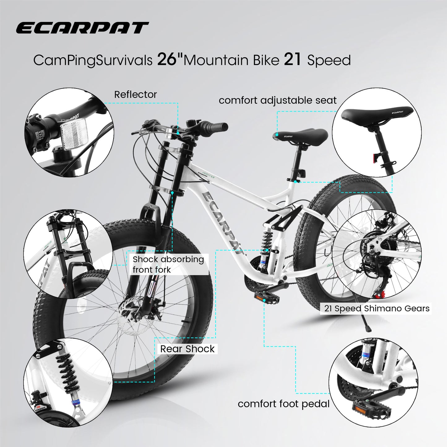 A26309 26 Inch Mountain Bike,Full-Suspension 21 Speeds Drivetrain With Disc-Brake Bicycle, Fat Tire Bike For Men