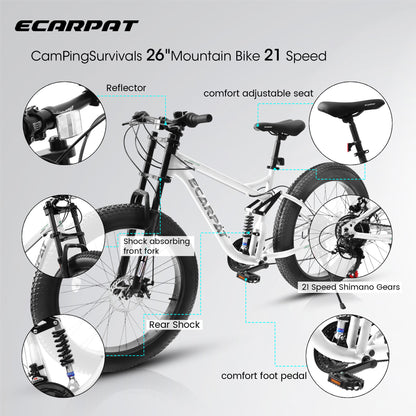 A26309 26 Inch Mountain Bike,Full-Suspension 21 Speeds Drivetrain With Disc-Brake Bicycle, Fat Tire Bike For Men