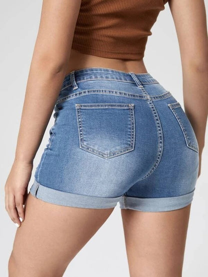 Women's Fashion Holes Curling High Elastic High Waist Denim Shorts