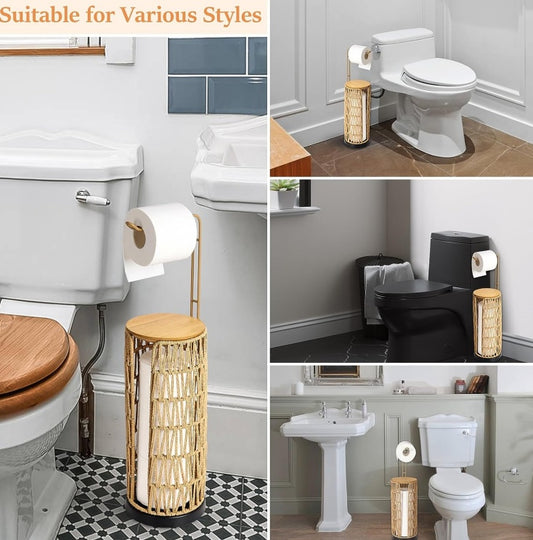 Freestanding Toilet Paper Holder With Storage,3 Rolls Of Tissue Holder For Bathroom,Handmade Woven Toilet Paper Roll Holder Stand