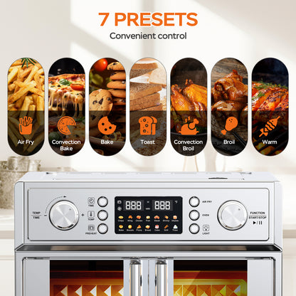 29.5QT French Door Air Fryer Toaster Oven Combo, 14 Presets, Digital Control, Stainless Steel, For Baking, Roasting, Includes Accessories,Silver