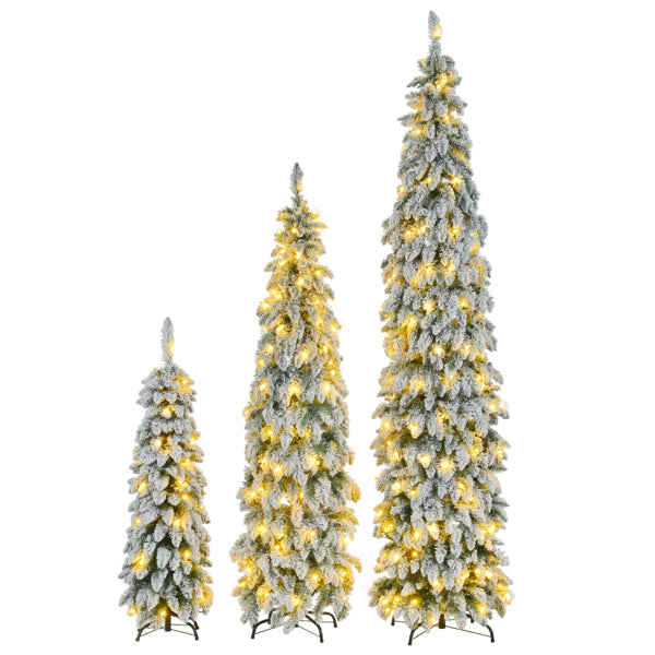 8FT, 6FT, 4FT Pre-Lit Pencil Christmas Trees, 3-set Slim Artificial Christmas Tree With Snow Flocking, Xmas Holiday Decoration Tree, 520 LED Lights