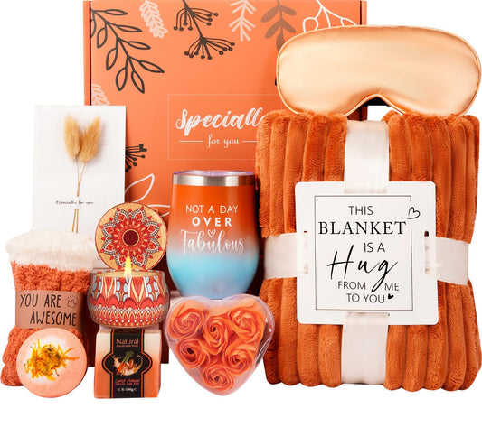 Valentines Day Gifts Basket for Her Wife,Orange Birthday Gifts for Mom Women Her Girlfriend Coworker W/Fall Cozy Socks&Blanket,Autumn Self Care Package Bath Set,Birthday,Valentines Gifts Box for Women