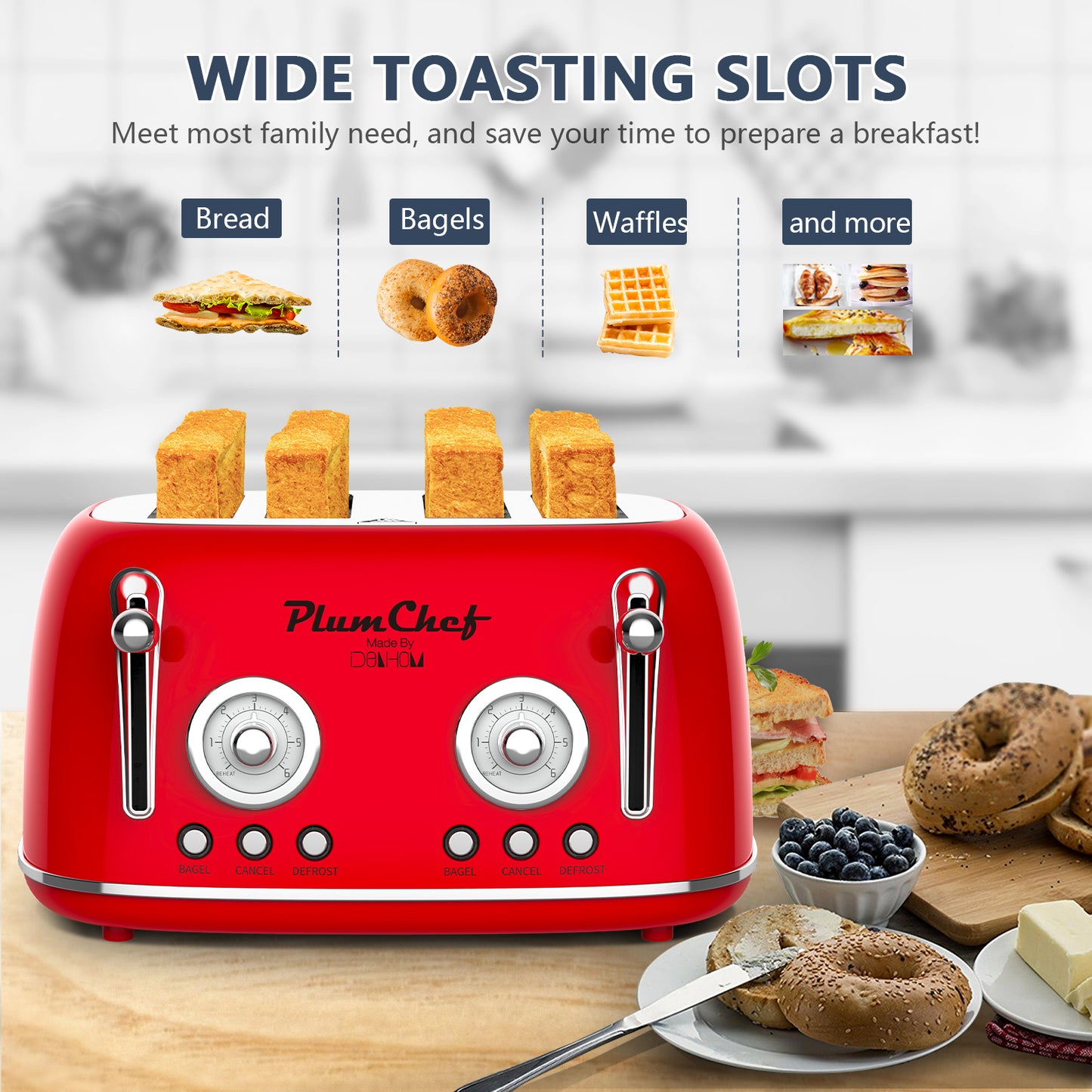 4 Slice Retro Toaster, Dual Control Toaster, Warming Rack, 6 Settings, Bagel, Defrost, Removable Crumb Tray, Stainless Steel Housing, 1650W, Red