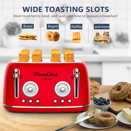 4 Slice Retro Toaster, Dual Control Toaster, Warming Rack, 6 Settings, Bagel, Defrost, Removable Crumb Tray, Stainless Steel Housing, 1650W, Red