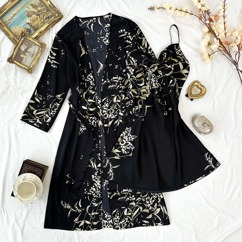 Printed Ice Silk Sling Nightgown Suit