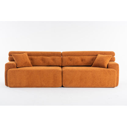 LY-029 ORANGE COMPRESSION SOFA 4-seater Combined Sofa, Wood Grain Chenille Fabric, Full Sponge Compression Sofa,combined Sofa With 2 Pillows For Living  Home Furniture  Apartment