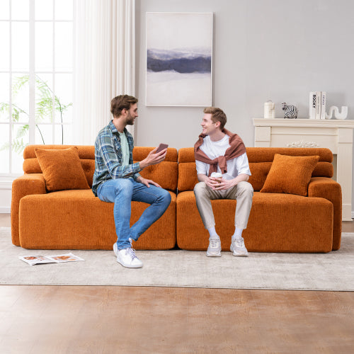 LY-029 ORANGE COMPRESSION SOFA 4-seater Combined Sofa, Wood Grain Chenille Fabric, Full Sponge Compression Sofa,combined Sofa With 2 Pillows For Living  Home Furniture  Apartment