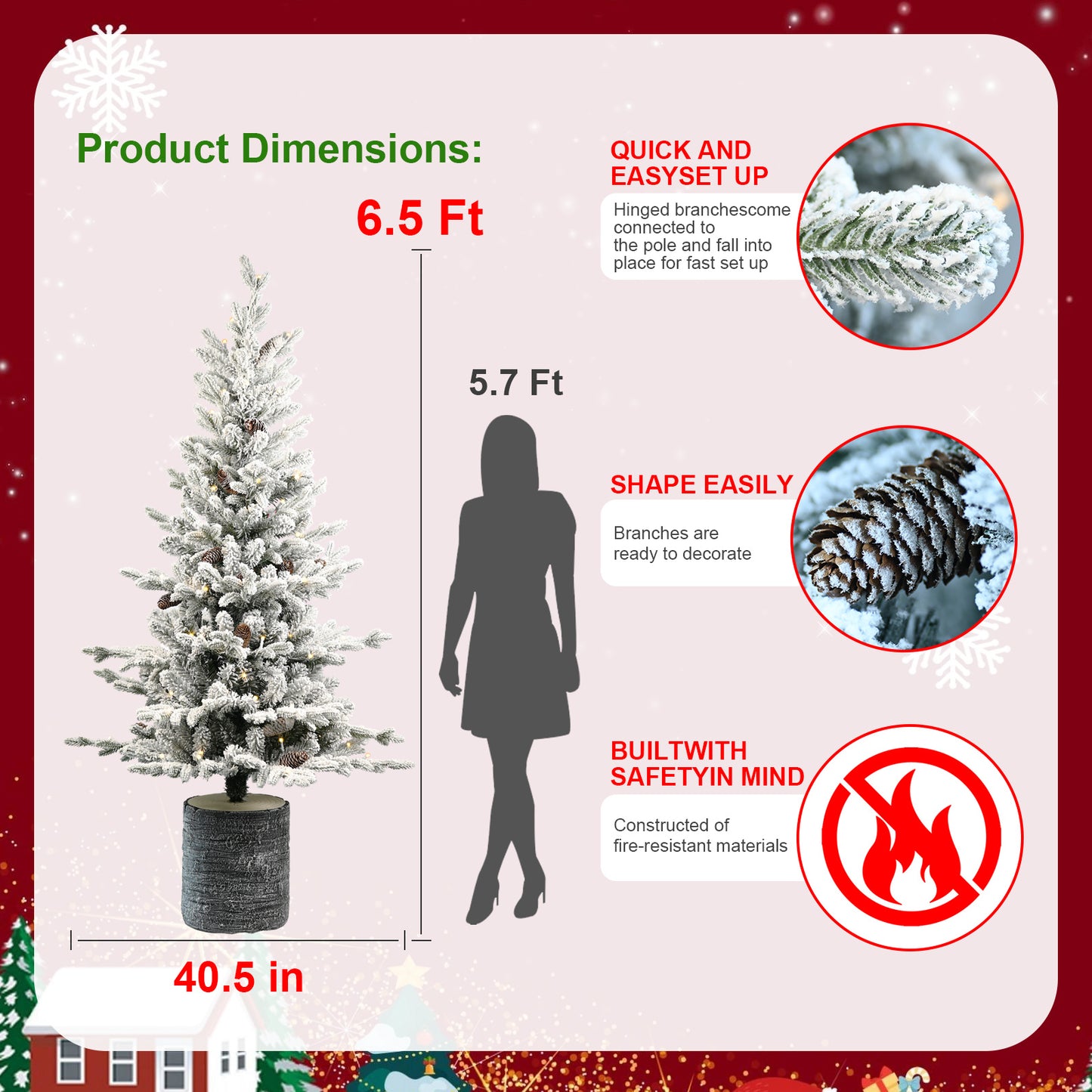 2,3,4,5,6ft PE PVC Decorated Flocking Basin Tree Artificial Christmas Tree