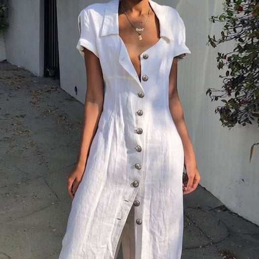 Robe mi-longue blanche à manches courtes et revers coupe slim