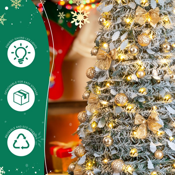 6 FT Snow Flocked Pre-lit Artificial Pop Up Christmas Tree With 100 Warm Lights And Golden Ornaments For Home Office Store Holiday Deco, Snowy Green