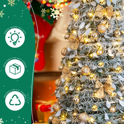 6 FT Snow Flocked Pre-lit Artificial Pop Up Christmas Tree With 100 Warm Lights And Golden Ornaments For Home Office Store Holiday Deco, Snowy Green