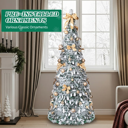 6 FT Snow Flocked Pre-lit Artificial Pop Up Christmas Tree With 100 Warm Lights And Golden Ornaments For Home Office Store Holiday Deco, Snowy Green