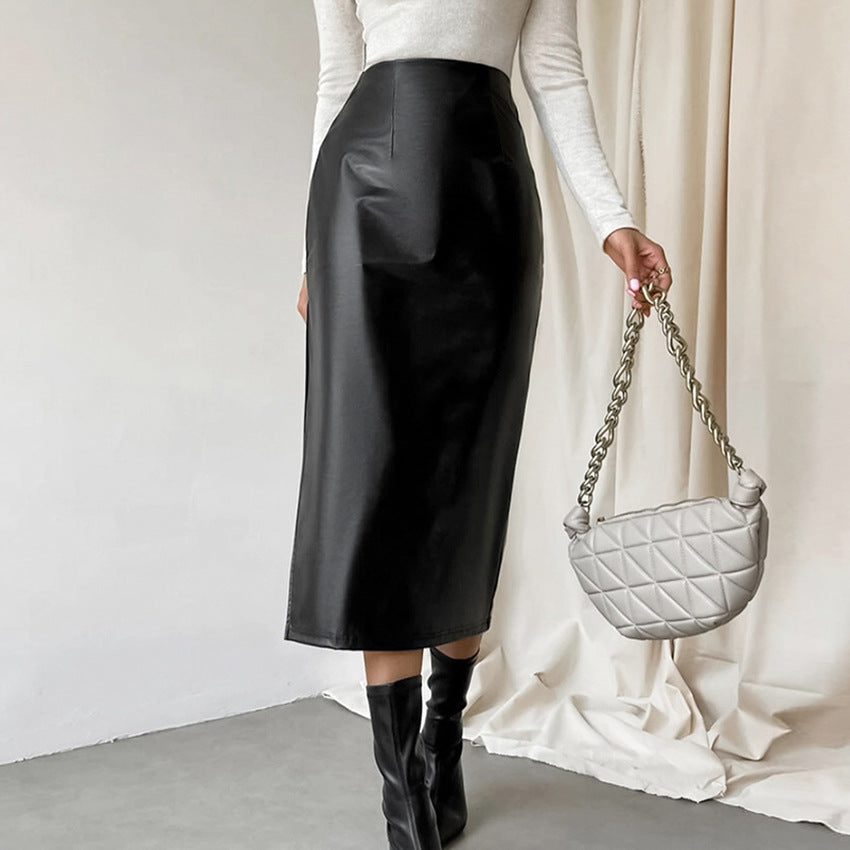 Commuter French Sheath PU Leather Skirt Autumn And Winter Black Slit Straight Skirt