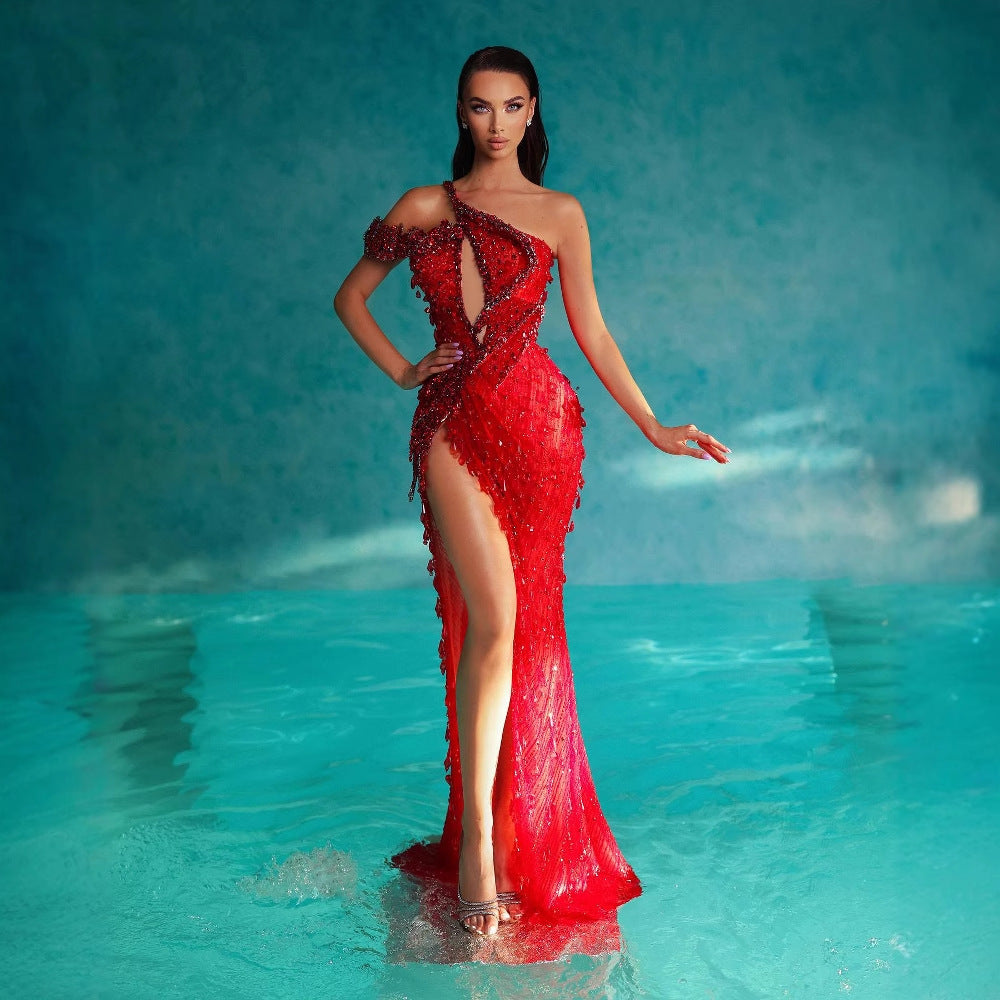 Luxury Ruby Sexy Cutout Shoulder High Slit Dress