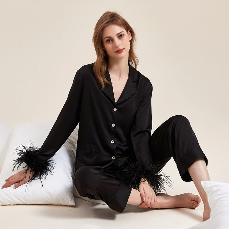 Removable Feather Ice Silk Pajamas Women Ostrich Feather Home Wear Suit