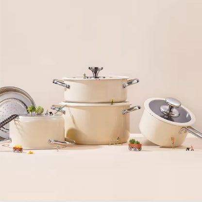 9pcs Stainless Steel Ceramic Coated Pot Set, Including 1 Milk Pot, 2 Stockpots, 1 Non-stick Pan, 4 LIDS And 1 Steamer