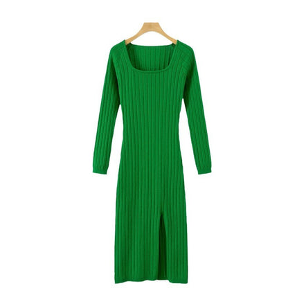 European And American Autumn And Winter Long Sleeve Crew Neck Split Knitted Long Dress